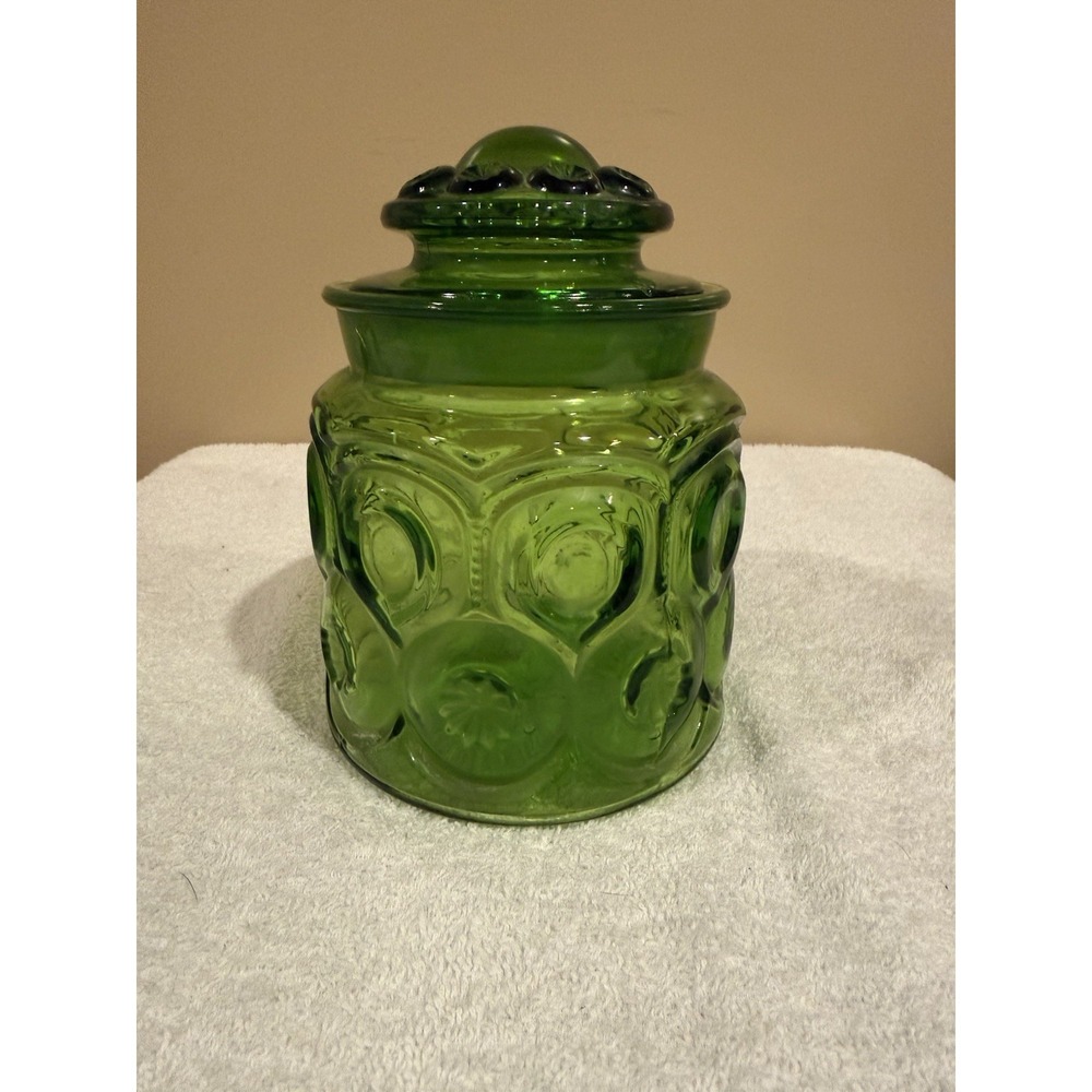 Vintage LE Smith Green Moon & Stars Glass Kitchen Canister W/ Lid, 7 in